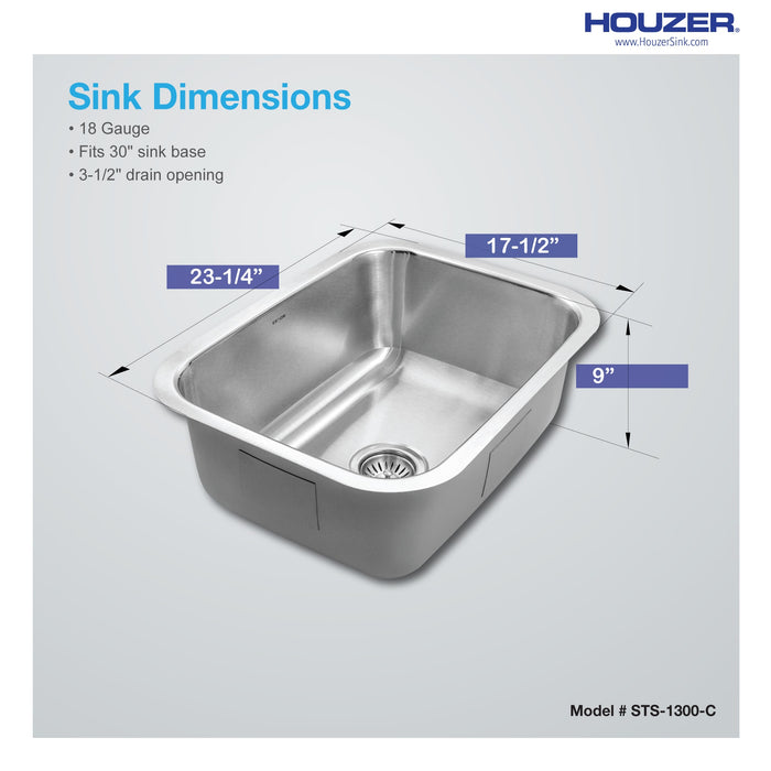 Houzer STS-1300-C Eston 23" Stainless Steel Undermount Single Bowl Kitchen Sink with Strainer & Bottom Grid