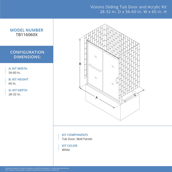 DreamLine TB116060XXX0004 Visions 56-60"W x 60"H Sliding Tub Door and White Wall Kit in Brushed Nickel
