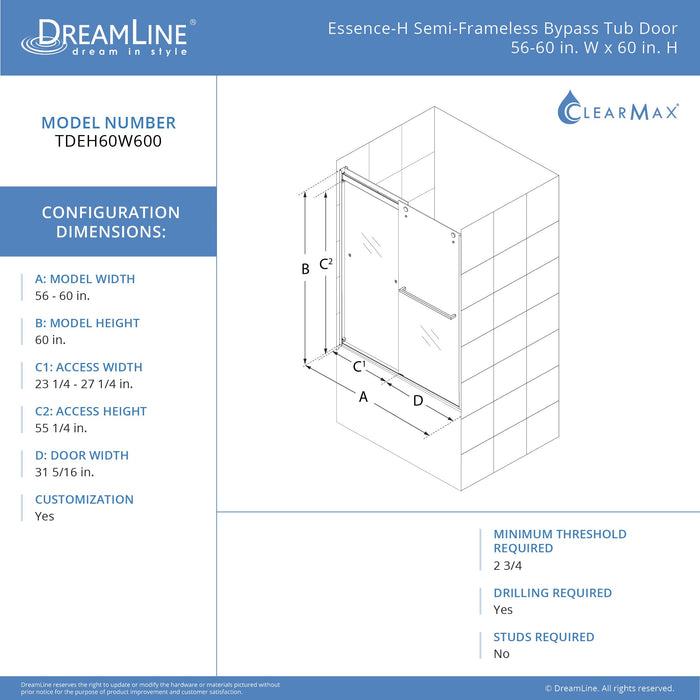 DreamLine TDEH60W600XXX09 Essence-H 56-60"W x 60"H Semi-Frameless Bypass Tub Door in Satin Black