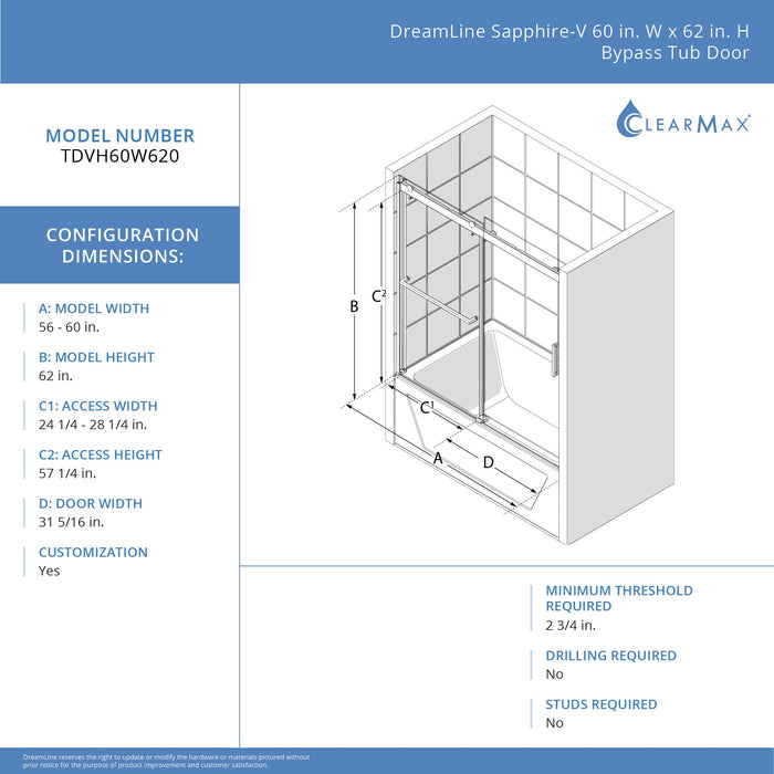 DreamLine TDVH60W620VXX01 Sapphire-V 56 - 60"W x 62"H Bypass Tub Door in Chrome and Clear Glass