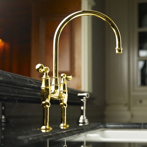 Rohl U.4719L-ULB-2 Perrin and Rowe Georgian Era Bridge Kitchen Faucet with Sidespray - Unlacquered Brass