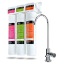 Three-stage undercounter water filter system with chrome faucet and colored filter cartridges