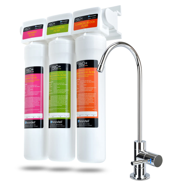 Three-stage undercounter water filter system with chrome faucet and colored filter cartridges