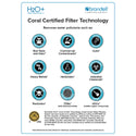 Coral certified filter technology panel with contaminant reduction badges and claims