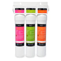 Three filter cartridges with color labels: sediment, pre-carbon, and carbon block