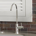 Chrome drinking water faucet with knob; under-sink filter tubing connection visible