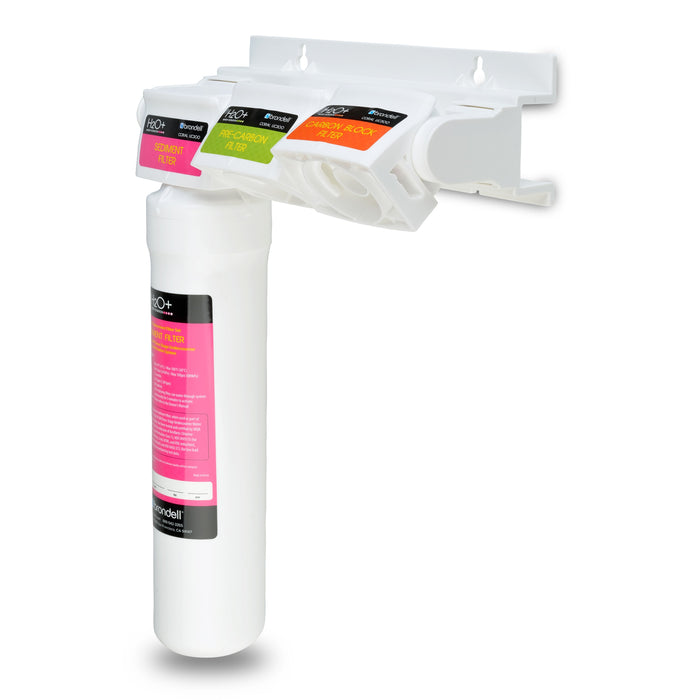 Single sediment filter cartridge with pink label in a white undercounter housing