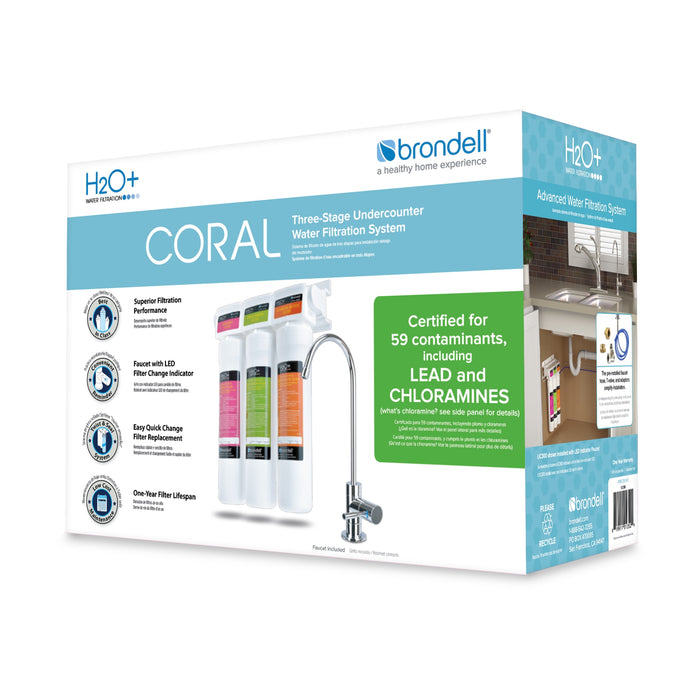 Brondell H2O+ Coral three-stage undercounter filtration system retail box with faucet