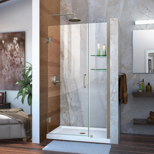 DreamLine SHDR-20397210S-04 Unidoor 39-40"W x 72"H Frameless Hinged Shower Door with Shelves in Brushed Nickel - Bath4All