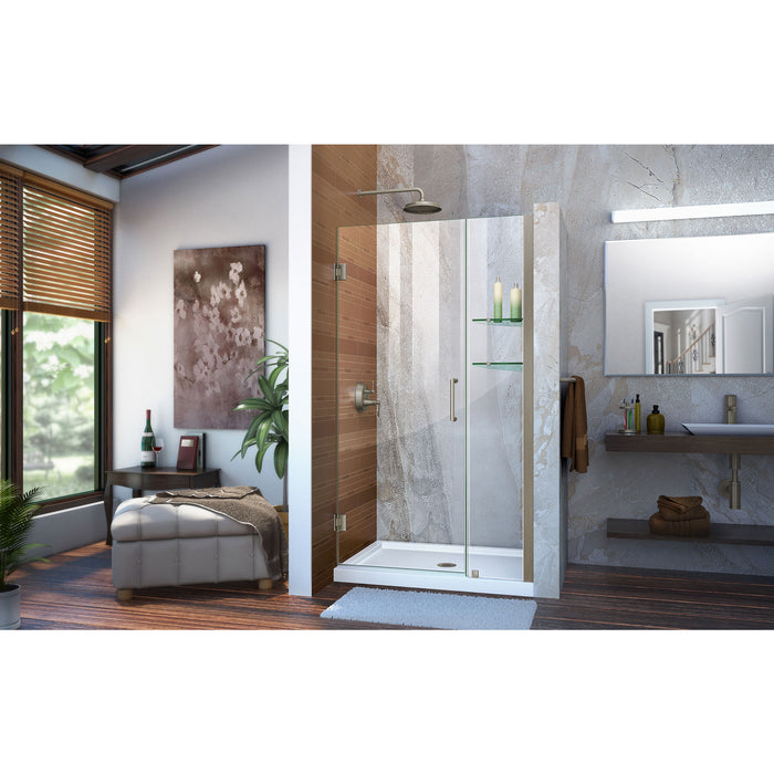 DreamLine SHDR-20397210S-04 Unidoor 39-40"W x 72"H Frameless Hinged Shower Door with Shelves in Brushed Nickel - Bath4All
