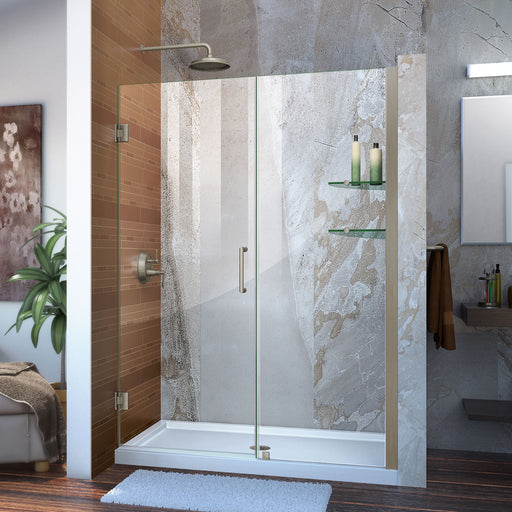 DreamLine SHDR-20547210S-04 Unidoor 54-55"W x 72"H Frameless Hinged Shower Door with Shelves in Brushed Nickel - Bath4All