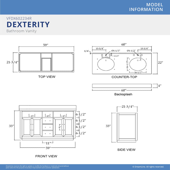 DreamLine VFDX602234RWMGK Dexterity 60" Oak Vanity with Two Oval Undermount Sinks - Gray Oak