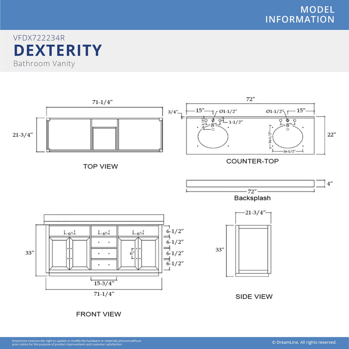 DreamLine VFDX722234SWMGK Dexterity 72" Oak Vanity with Two Rectangular Undermount Sinks - Gray Oak