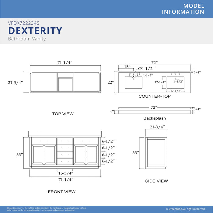 DreamLine VFDX722234RWMWH Dexterity 72" Oak Vanity with Two Oval Undermount Sinks - White