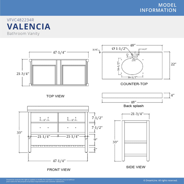 DreamLine VFVC482234RWMLK Valencia 48" Oak Console Vanity with Oval Undermount Sink - Light Oak