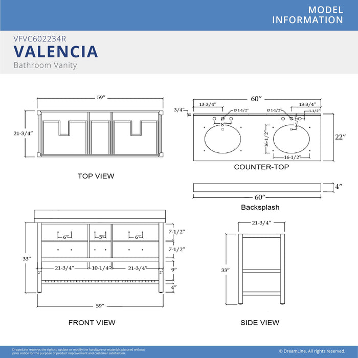 DreamLine VFVC602234RWMBK Valencia 60" Birch & Oak Console Vanity with Two Oval Undermount Sinks - Black