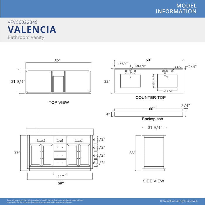 DreamLine VFVC602234SWMBK Valencia 60" Birch & Oak Console Vanity with Two Rectangular Undermount Sinks - Black