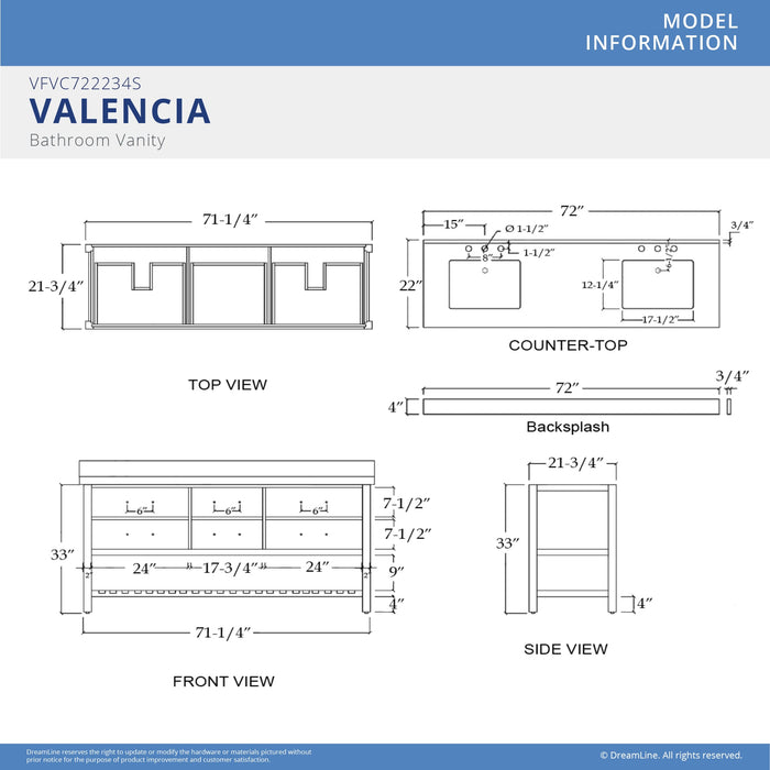 DreamLine VFVC722234SWMWH Valencia 72" Oak Console Vanity with Two Rectangular Undermount Sinks - White
