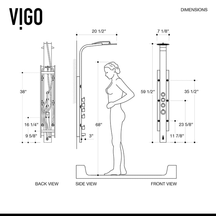 Vigo VG08008 Mateo 6-Jet Rain Shower Panel System with Hand Shower in Stainless Steel