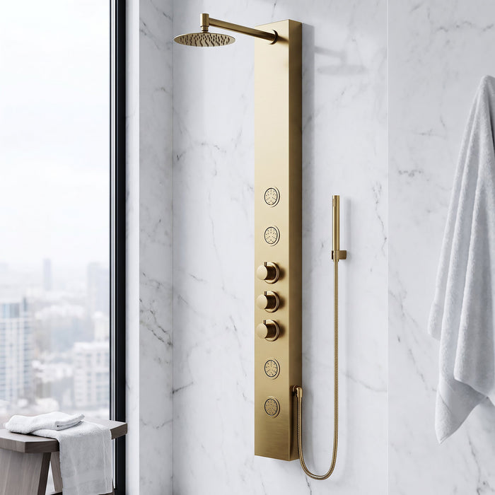 Vigo VG08013MG Ellington 4-Jet Rain Shower Panel with Hand Shower in Matte Brushed Gold
