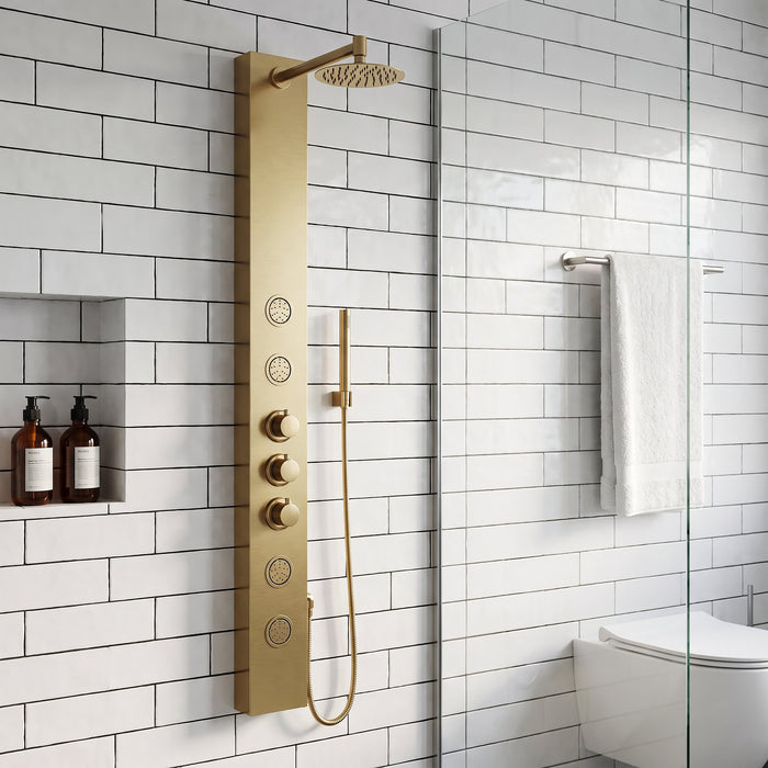 Vigo VG08013MG Ellington 4-Jet Rain Shower Panel with Hand Shower in Matte Brushed Gold