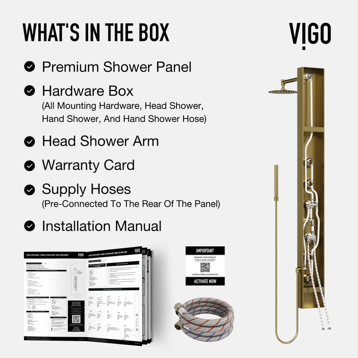 Vigo VG08013MG Ellington 4-Jet Rain Shower Panel with Hand Shower in Matte Brushed Gold