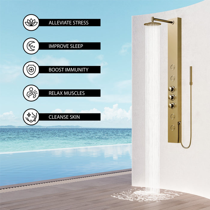 Vigo VG08013MG Ellington 4-Jet Rain Shower Panel with Hand Shower in Matte Brushed Gold