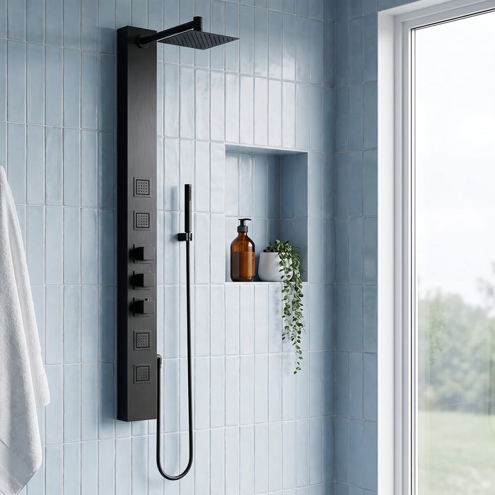 Vigo VG08021MB Sutton 4-Jet Rain Shower Panel System with Hand Shower in Matte Black