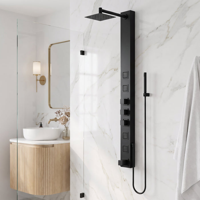 Vigo VG08023MB Bowery 4-Jet Rain Shower Panel with Tub Filler and Hand Shower in Matte Black