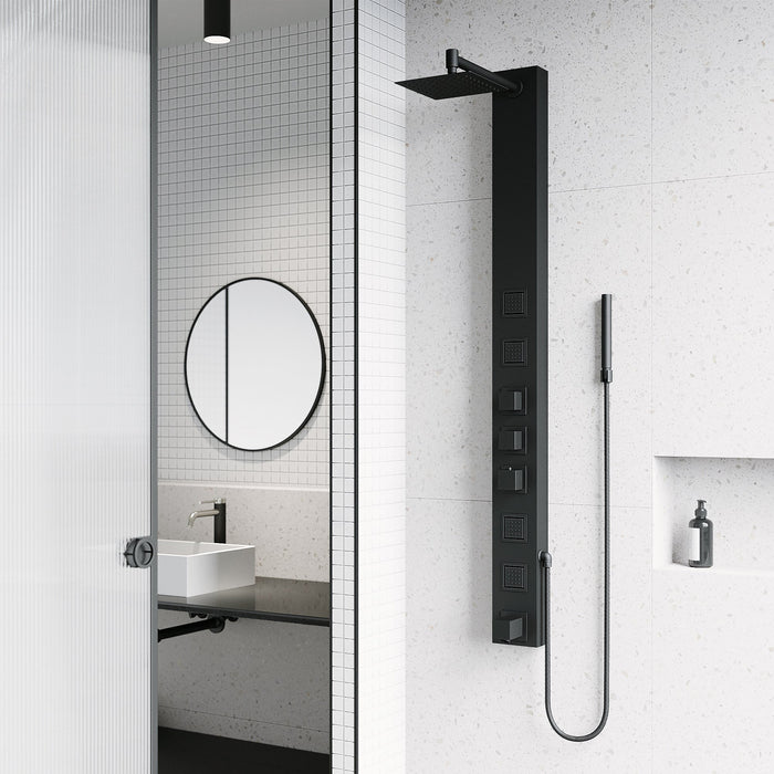Vigo VG08023MB Bowery 4-Jet Rain Shower Panel with Tub Filler and Hand Shower in Matte Black