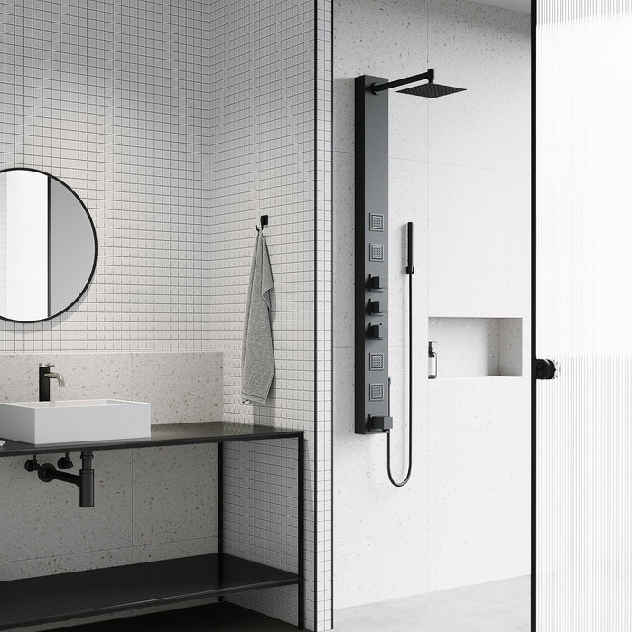 Vigo VG08023MB Bowery 4-Jet Rain Shower Panel with Tub Filler and Hand Shower in Matte Black