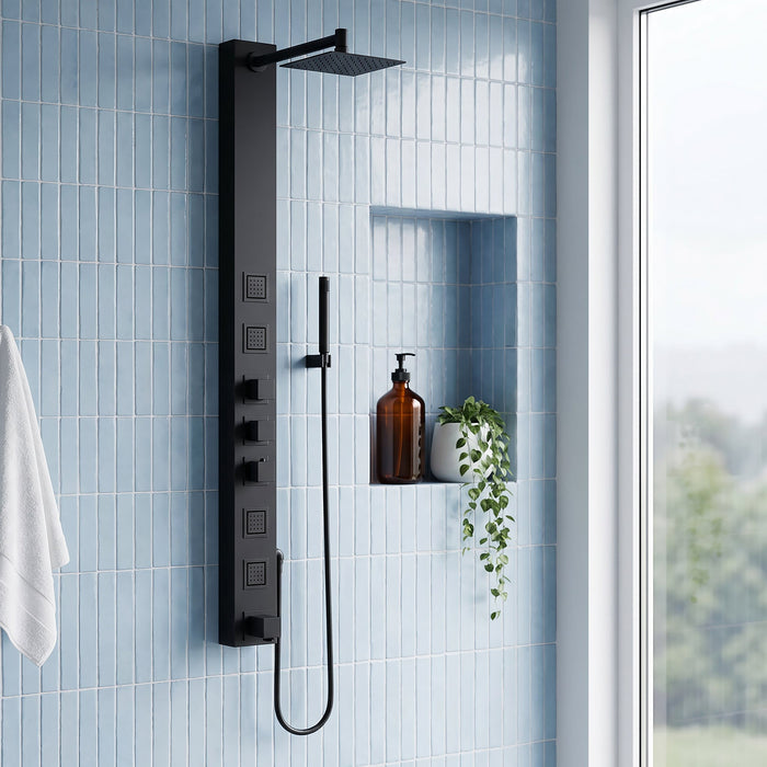 Vigo VG08023MB Bowery 4-Jet Rain Shower Panel with Tub Filler and Hand Shower in Matte Black