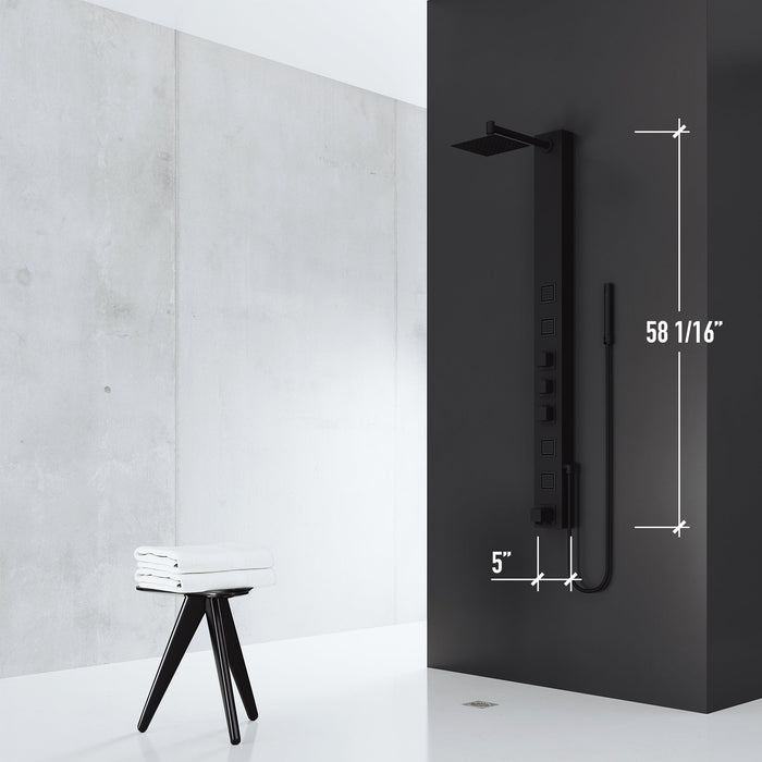Vigo VG08023MB Bowery 4-Jet Rain Shower Panel with Tub Filler and Hand Shower in Matte Black