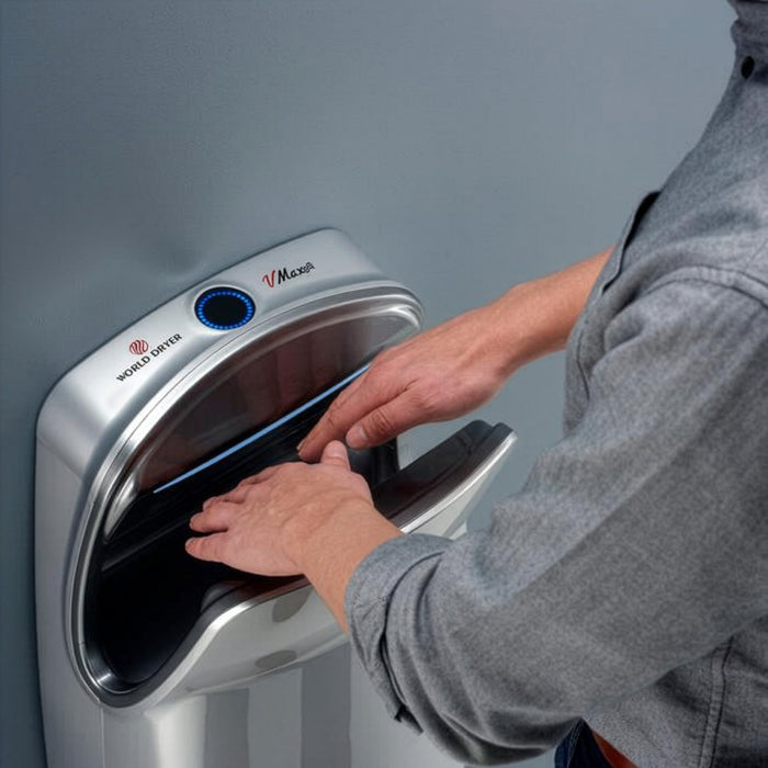 World Dryer V-649A VMax V2 High-Speed Vertical Hand Dryer, HEPA Filter, Antimicrobial, LED Display, Silver