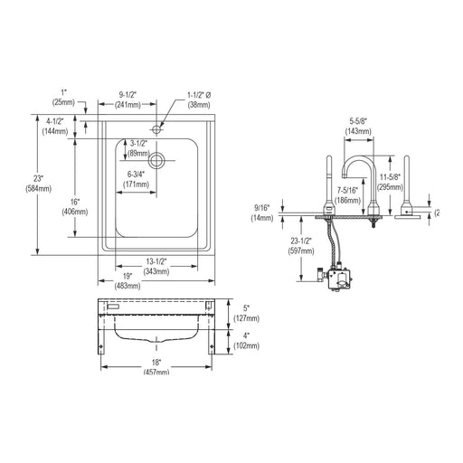 Dimension drawing for Elkay WCL1923OSDSACMC 19" x 23" Stainless Steel 1-Hole Single-Bowl Wall-Mount Bathroom Sink Kit in Buffed Satin