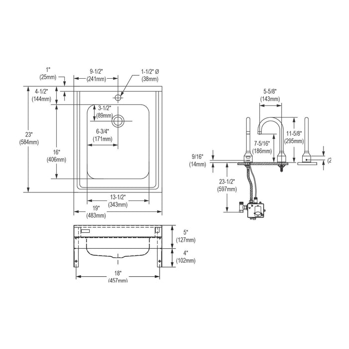 Elkay WCL1923OSDSACMC 19" x 23" Stainless Steel 1-Hole Single-Bowl Wall-Mount Bathroom Sink Kit in Buffed Satin