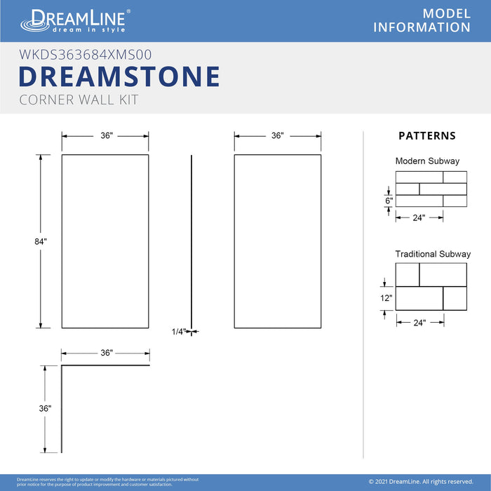 DreamLine WKDS363684XMS00 DreamStone 36"D x 36"W x 84"H Corner Shower Wall Kit in White Modern Subway Pattern