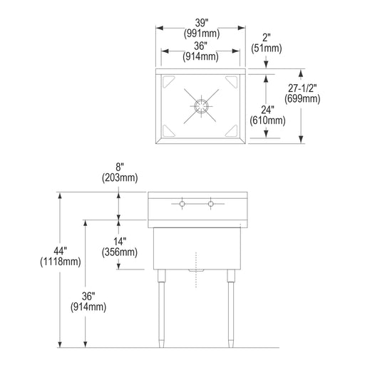 Dimension drawing for Elkay WNSF8136OF2 39" x 27-1/2" Stainless Steel 2-Hole Single-Bowl Scullery Commercial Sink in Buffed Satin