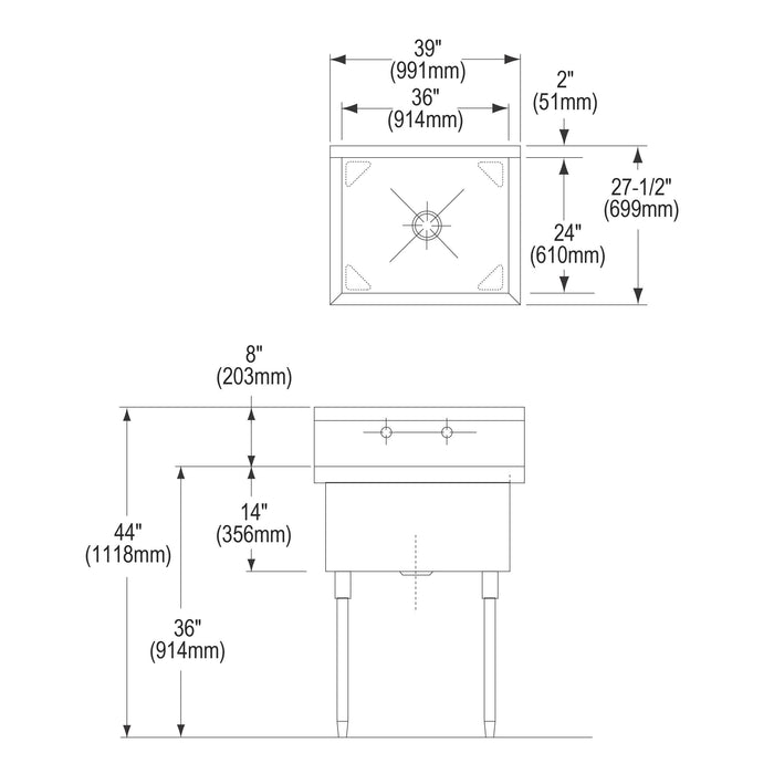 Elkay WNSF8136OF2 39" x 27-1/2" Stainless Steel 2-Hole Single-Bowl Scullery Commercial Sink in Buffed Satin