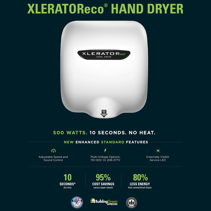 Excel Dryer 603161 XLERATOR High-Speed Auto Hand Dryer with Heat, White, 110 - 120V