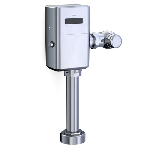 TOTO ECOPOWER touchless 1.28 GPF toilet flushometer valve in Polished Chrome finish features 12" vacuum breaker and ADA-compliant height.