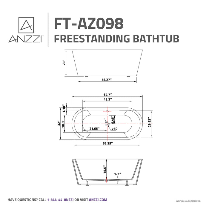 ANZZI FT-AZ098 Chand 67" Acrylic Flatbottom Freestanding Bathtub in White