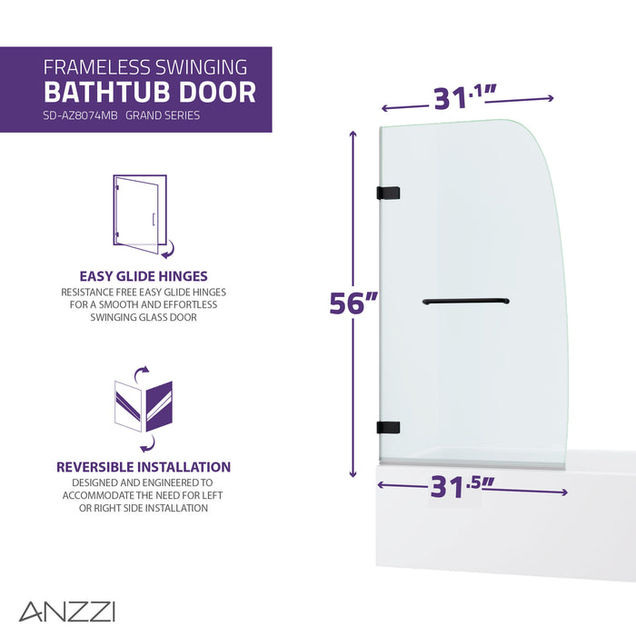 ANZZI SD-AZ8074-01MB Vensea Series 31.5" by 56" Frameless Hinged Tub Door in Matte Black