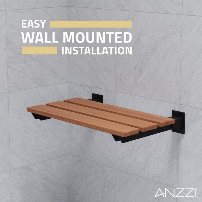ANZZI AC-AZ202MB Bohemian 18.7" Teak Wall Mounted Folding Shower Seat in Matte Black