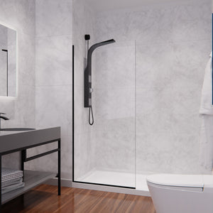 Veil Series 74 in. by 34 in. Framed Glass Shower Screen in Matte Black