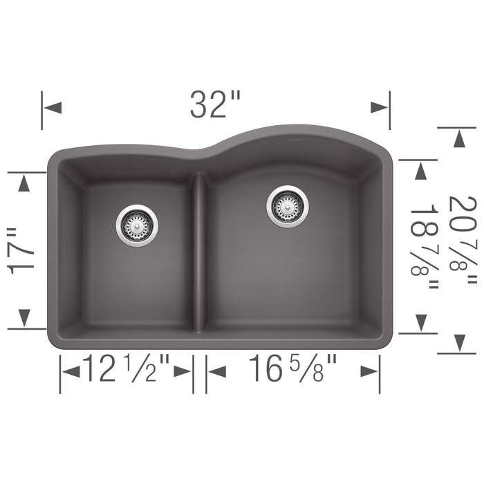 Blanco 441600 Diamond SILGRANIT 32" 40/60 Reverse Double Bowl Undermount Kitchen Sink in Cinder