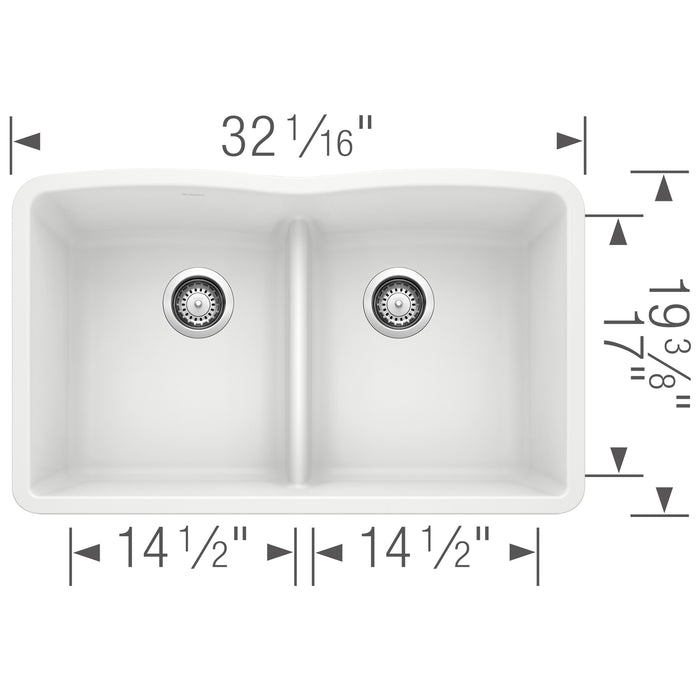 Blanco 442074 Diamond SILGRANIT 32" 50/50 Double Bowl Undermount Kitchen Sink in White