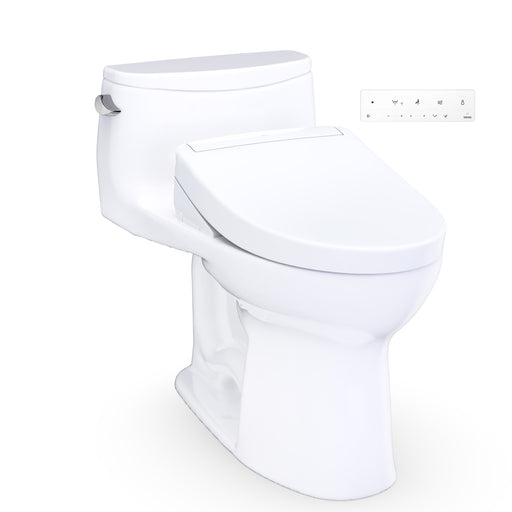 TOTO UltraMax Low Profile WASHLET+ S5 One-Piece Elongated 1.28 GPF Universal Height Toilet with CEFIONTECT, Cotton White - MW6183446CEFG#01