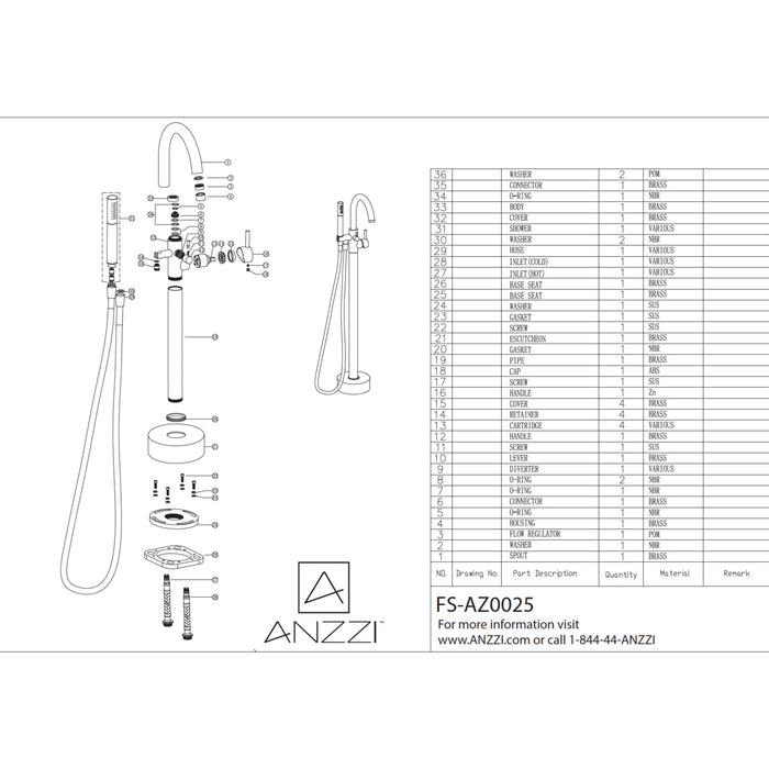 ANZZI FS-AZ0047BN Coral Series 2-Handle Freestanding Claw Foot Tub Faucet with Hand Shower in Brushed Nickel