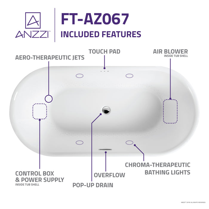 ANZZI FT-AZ067 Jericho Series 67" Air Jetted Freestanding Acrylic Bathtub in White